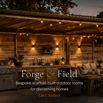 Forge & Field outdoor room with warm evening lighting and string lights